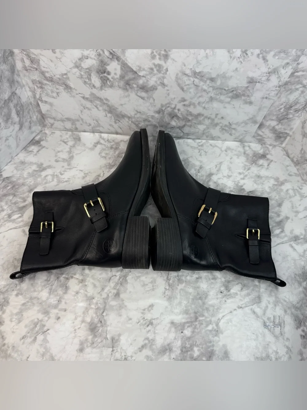 TORY BURCH Bennie Black Leather Buckled Ankle Biker Riding Boots Women’s Sz 8.5